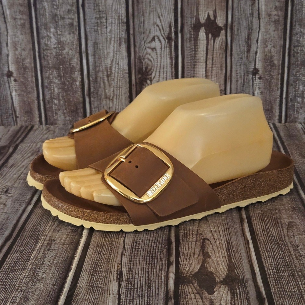Sz 39/ 8 Womens Birkenstock Madrid Big Buckle Cognac Oiled Leather Sandals NWOB - Picture 3 of 7
